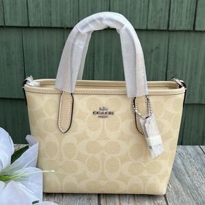 Coach City Mini Tote Bag In Signature Canvas Silver Hay Crossbody Purse